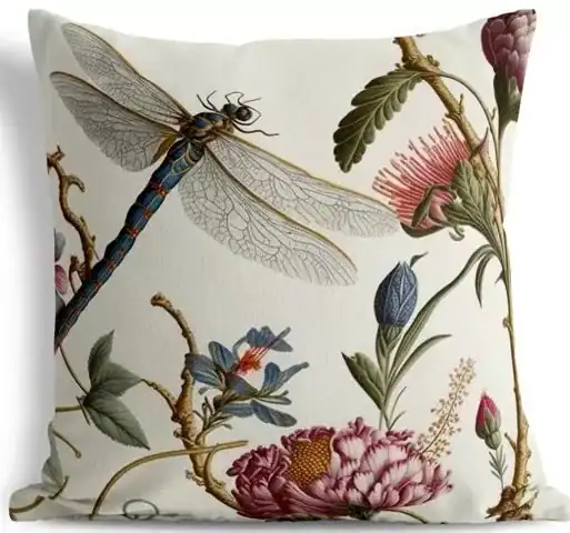 High-quality decorative pillow featuring intricate floral and dragonfly artwork for home decor.
