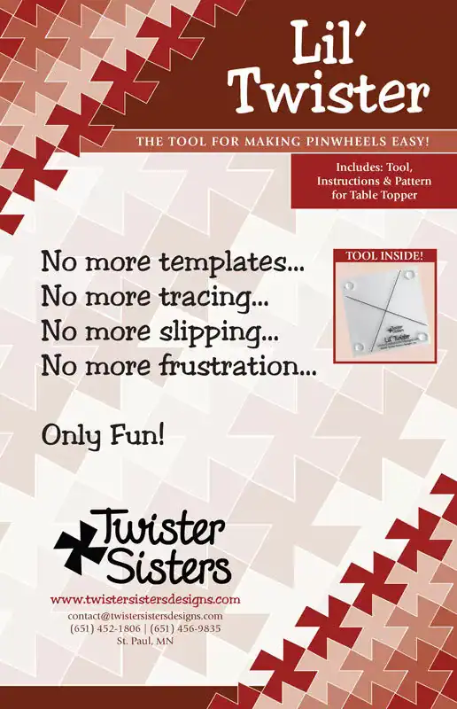 Effortless pinwheel templates with the Lil’ Twister tool for quilt-making projects.