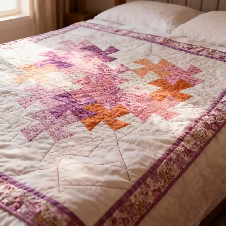 Colorful Patchwork Quilt with Floral Border.