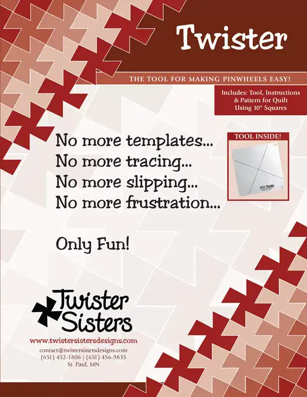 Accurate Twister tool for pinwheel quilt blocks, easy to use for quilting enthusiasts.