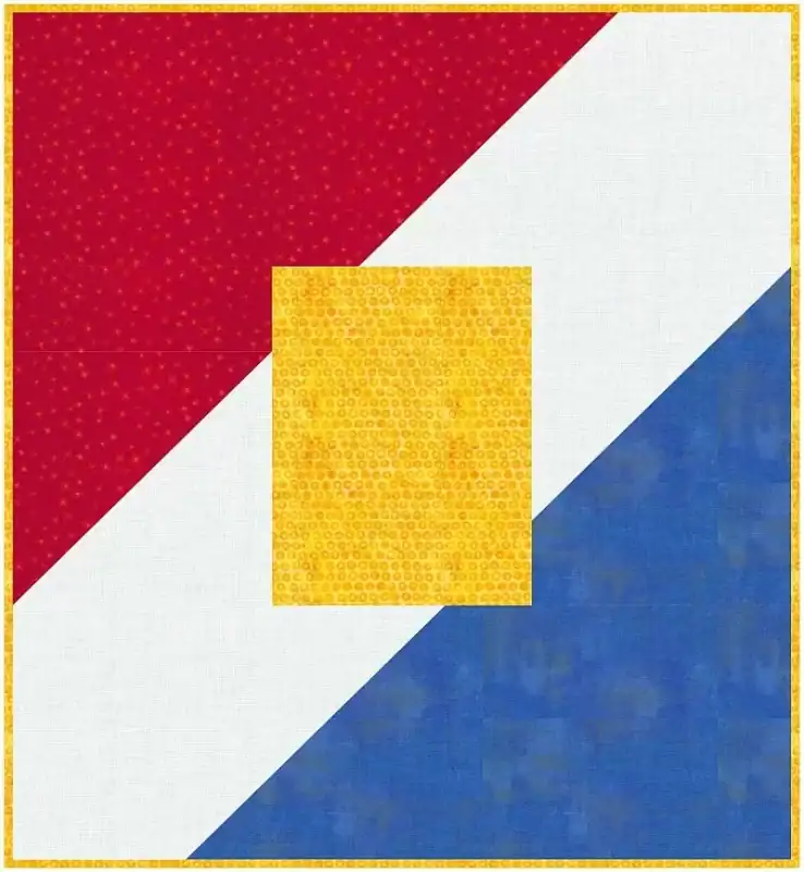 Flag quilt block patriotic red, white, blue colors with yellow center for quilt design.