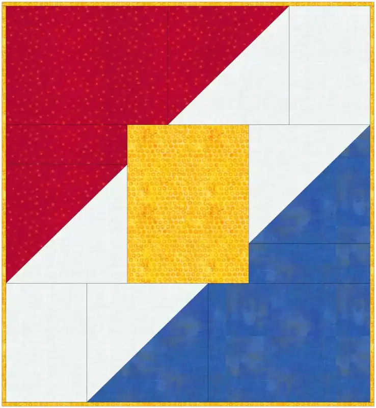 A quilt block featuring a large yellow rectangle in the center, with diagonal red and blue triangles on opposite corners separated by white bands, all bordered in yellow.