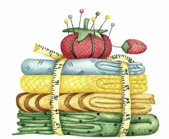 Colorful fabric stacks with measuring tape, sewing pins, and a tomato-shaped pin cushion.