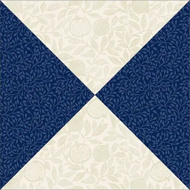 QST A geometric pattern with navy blue and cream triangles, each decorated with a leafy, botanical design, forming an hourglass shape at the center.