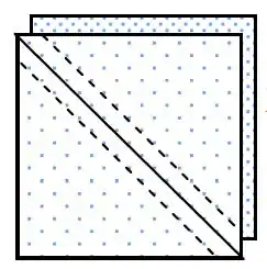 QST1 Two square papers with blue polka dots are stacked. Both are shown with a diagonal dashed line from the top left to bottom right, indicating where to fold. The top paper is slightly shifted to reveal the one below.