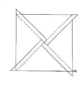 QST3 A simple line drawing of a square with its corners folded inward, creating intersecting lines and smaller triangles at each corner. The bottom right corner appears to have a small loop or string attached.